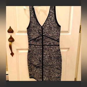 Zac Posen deep V neck, form fitting black and silver cocktail dress